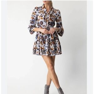 Ulla Johnson Aliya Printed Silk Mini Dress Blue Gold Floral Long Sleeve Size 4